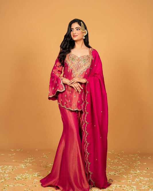 Party Wear Heavy Work Pink Color Palazzo Suit
