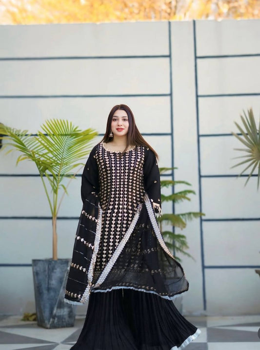 Fantastic Embroidery Work Black Color Sharara Suit