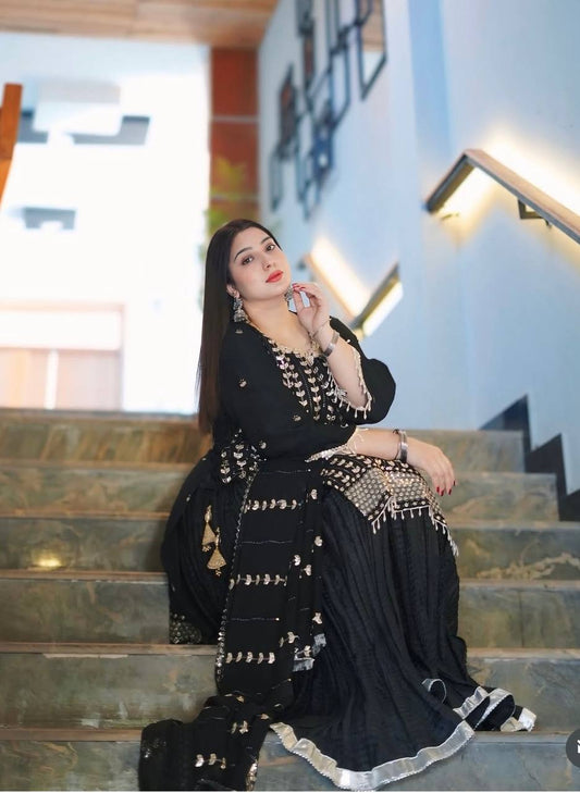 Fantastic Embroidery Work Black Color Sharara Suit