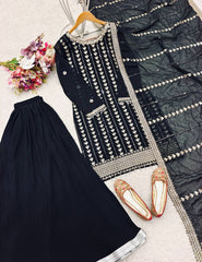 Fantastic Embroidery Work Black Color Sharara Suit Fantastic Embroidery Work Black Color Sharara Suit