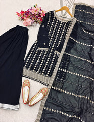 Fantastic Embroidery Work Black Color Sharara Suit Fantastic Embroidery Work Black Color Sharara Suit