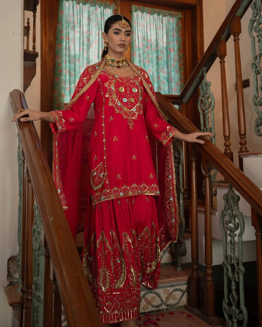 Designer Heavy Work Red Color Sharara Suit