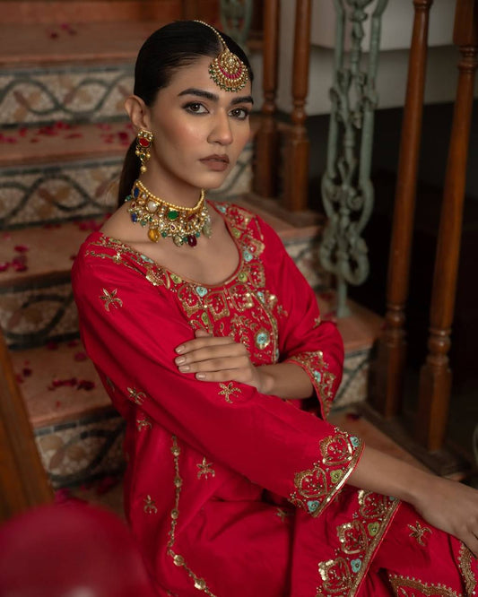 Designer Heavy Work Red Color Sharara Suit