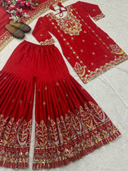 Designer Heavy Work Red Color Sharara Suit Designer Heavy Work Red Color Sharara Suit