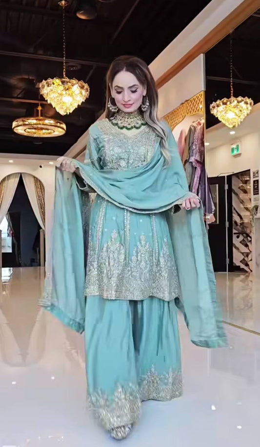 Function Wear Sky Blue Color Heavy Work Sharara Suit