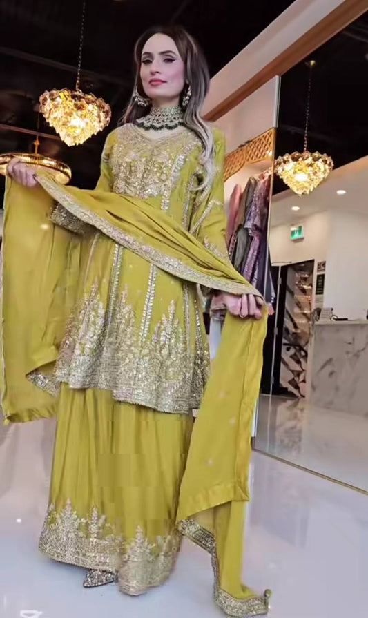 Function Wear Yellow Color Heavy Work Sharara Suit