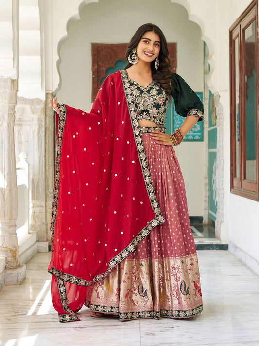 Traditional Wear Embroidery Work Peach Color Lehenga Choli