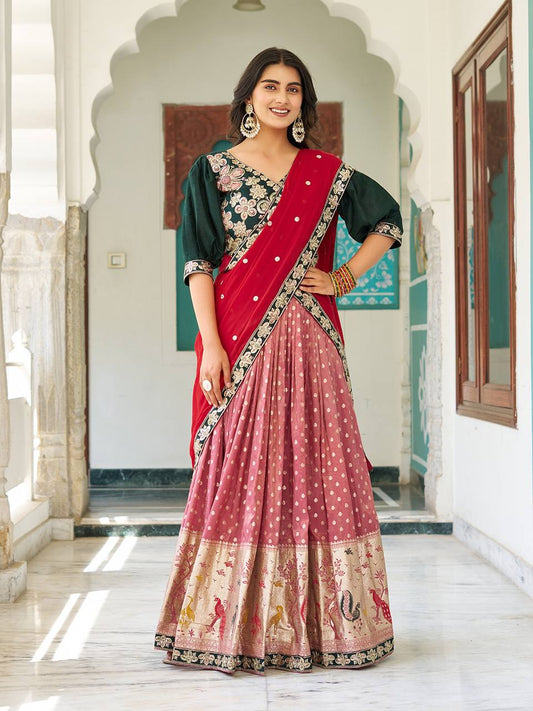 Traditional Wear Embroidery Work Peach Color Lehenga Choli