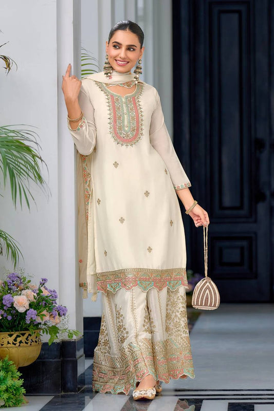 Ravishing Embroidery Work White Color Sharara Suit