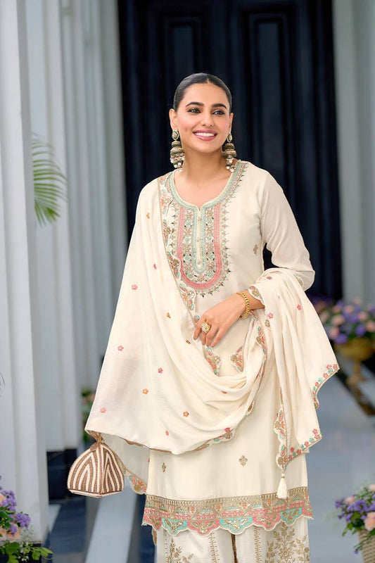 Ravishing Embroidery Work White Color Sharara Suit
