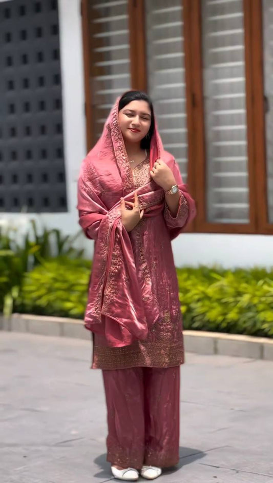 Charming Heavy Work Pink Color Palazzo Suit
