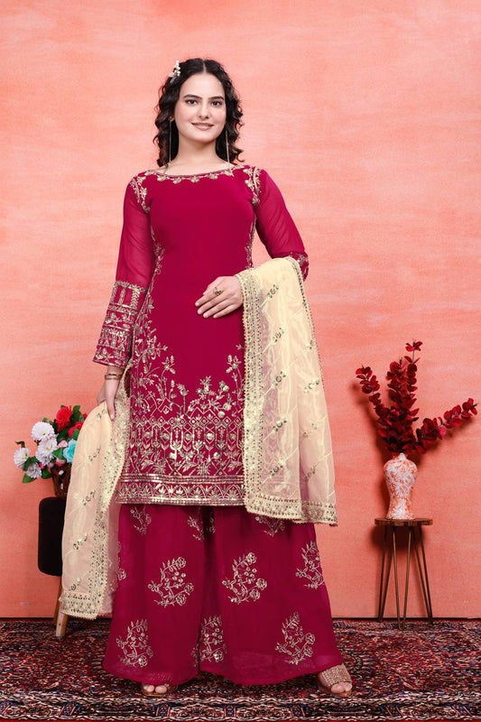 Designer Heavy Work Red Color Sharara Suit