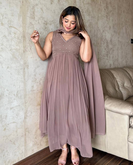 Precious Embroidery Work Light Pink Color Gown