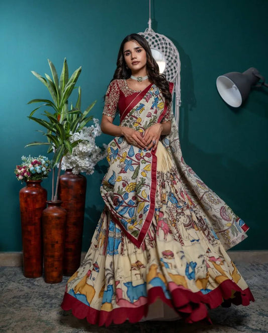 Flattering Multi Design With Off White Color Lehenga Choli
