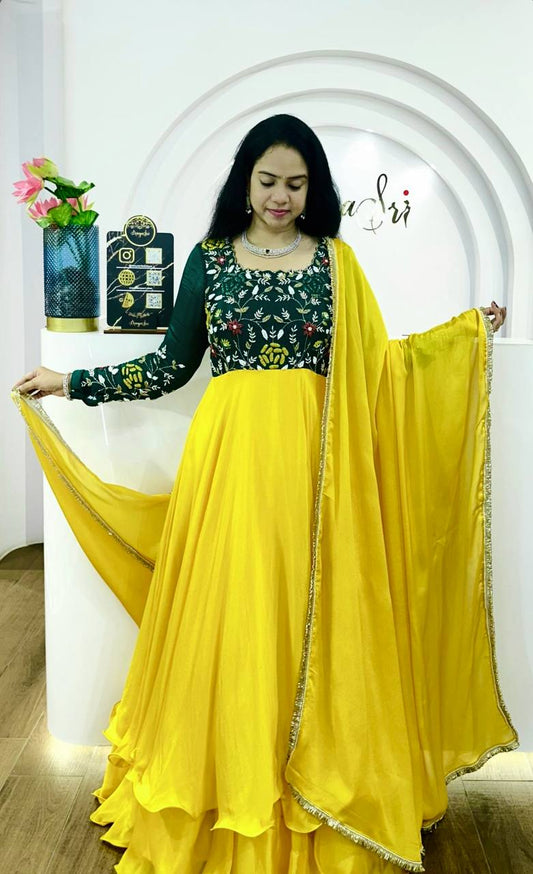 Haldi Wear Embroidery Work Yellow Color Anarkali Gown
