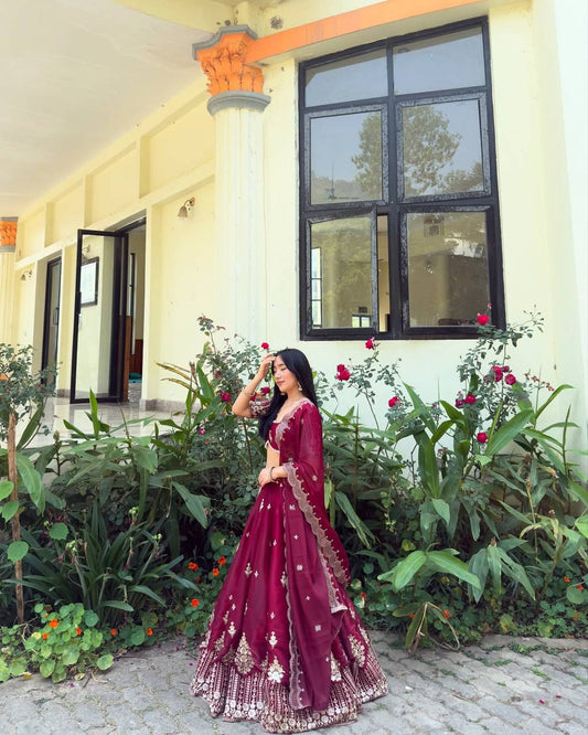 Function Wear Embroidery Work Maroon Color Lehenga Choli