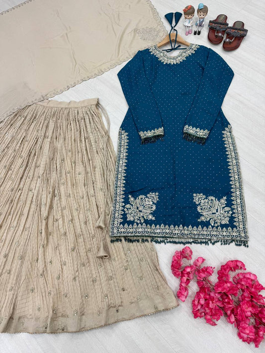 Glorious Heavy Work Blue Color Top with Lehenga