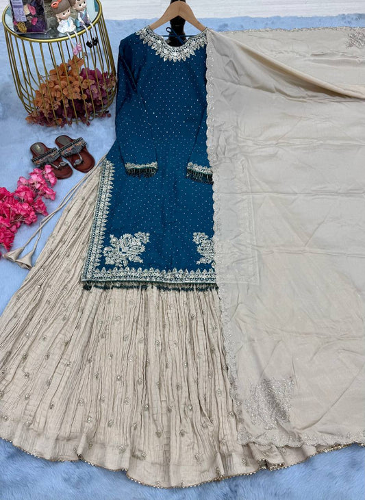 Glorious Heavy Work Blue Color Top with Lehenga