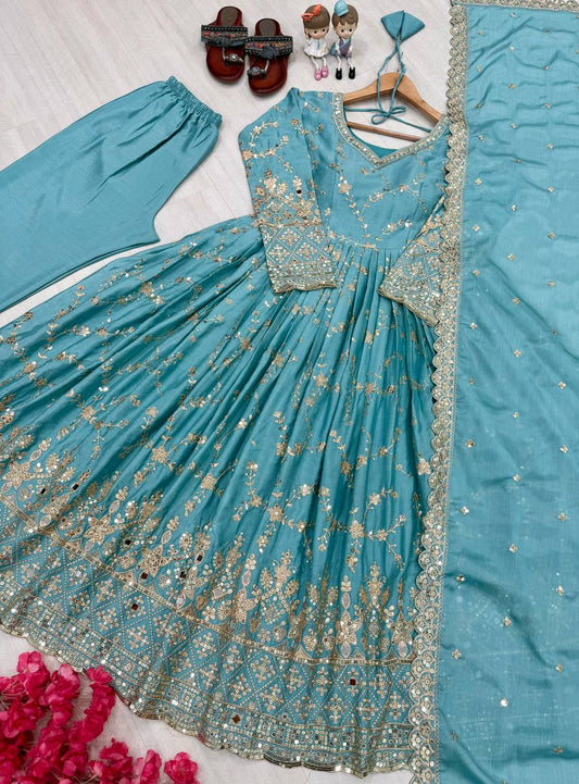 Demanding Sequence Work Sky Blue Color Anarkali Gown