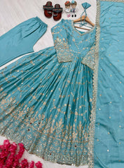 Demanding Sequence Work Sky Blue Color Anarkali Gown Demanding Sequence Work Sky Blue Color Anarkali Gown