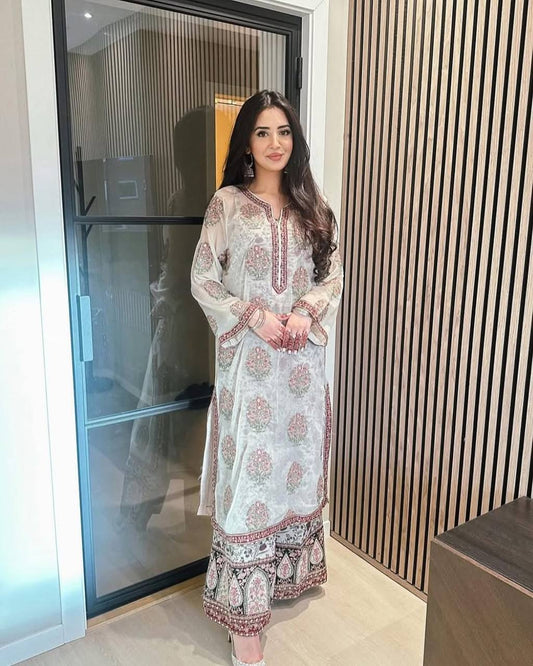 Mesmerizing Digital Print White Color Palazzo Suit