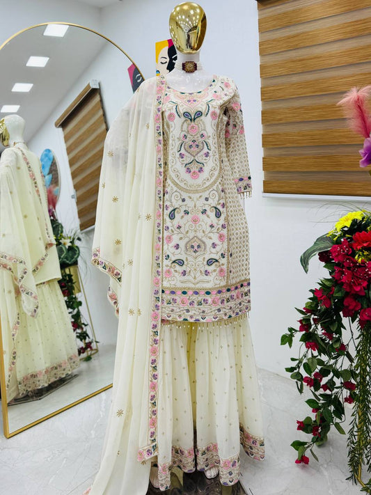 Elegant Heavy Work White Color Palazzo Suit