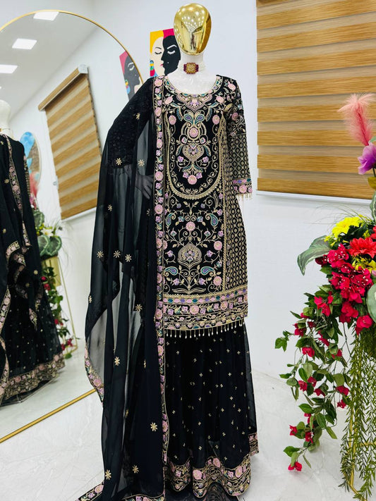 Elegant Heavy Work Black Color Palazzo Suit