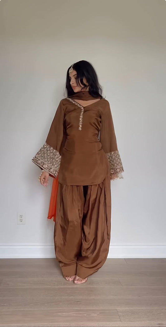 Captivating Satin Silk Brown Color Salwar Suit