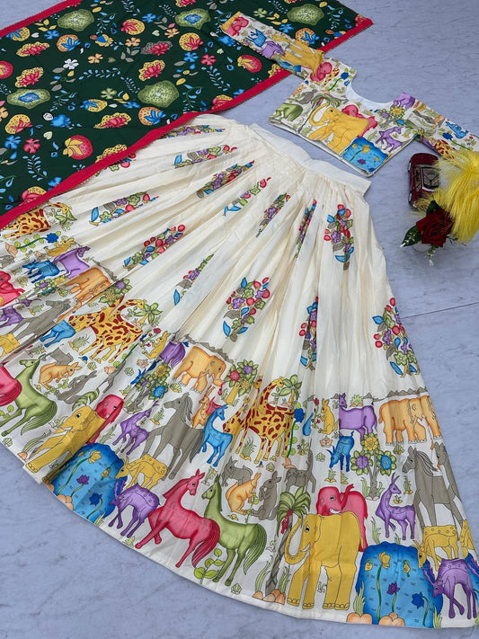 Festive Wear Kalamkari Print Cream Color Lehenga Choli