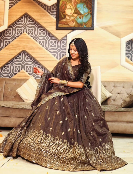 Wedding Wear Embroidery Work Brown Color Lehenga Choli