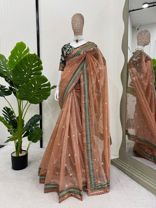 Unique Sequence Work Peach Color Saree