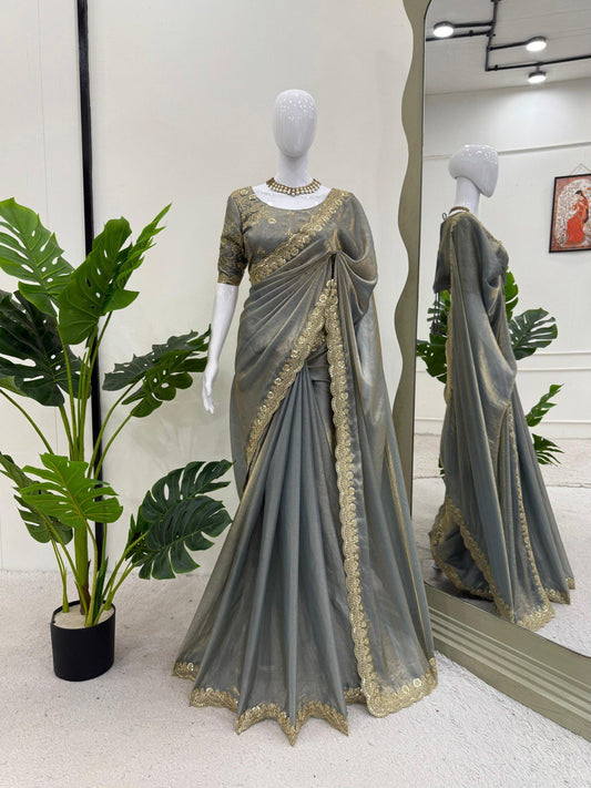 Designer Sequence Work Grey Color Saree