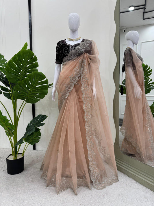 Gorgeous Organza Silk Peach Color Saree