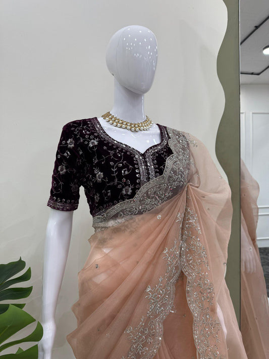 Gorgeous Organza Silk Peach Color Saree