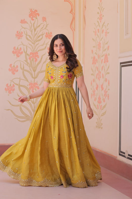 Precious Embroidery Work Mustard Color Gown