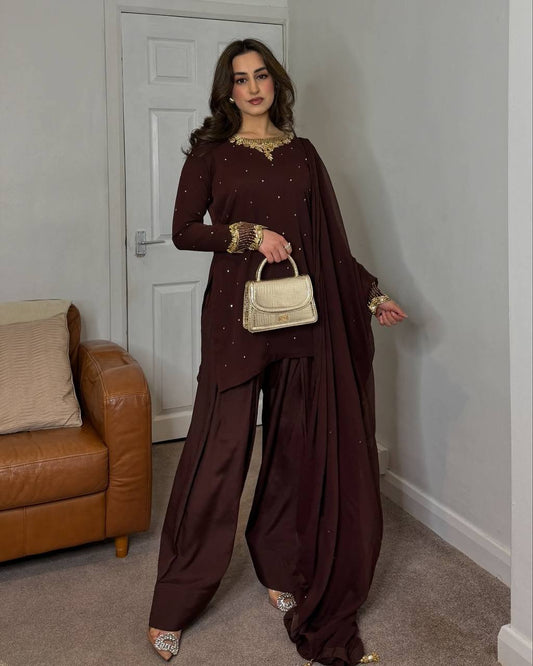 Classy Sequence Work Wine Color Palazzo Suit