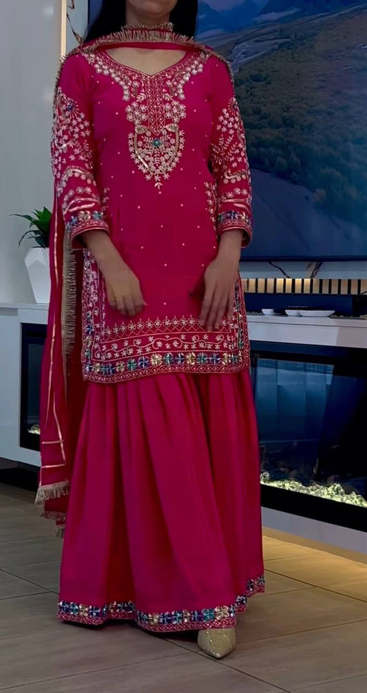 Good Looking Embroidery Work Pink Color Palazzo Suit
