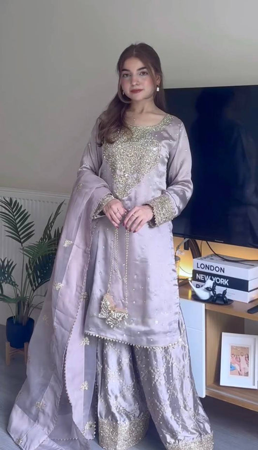 Wonderful Embroidery Work Lavender Color Sharara Suit