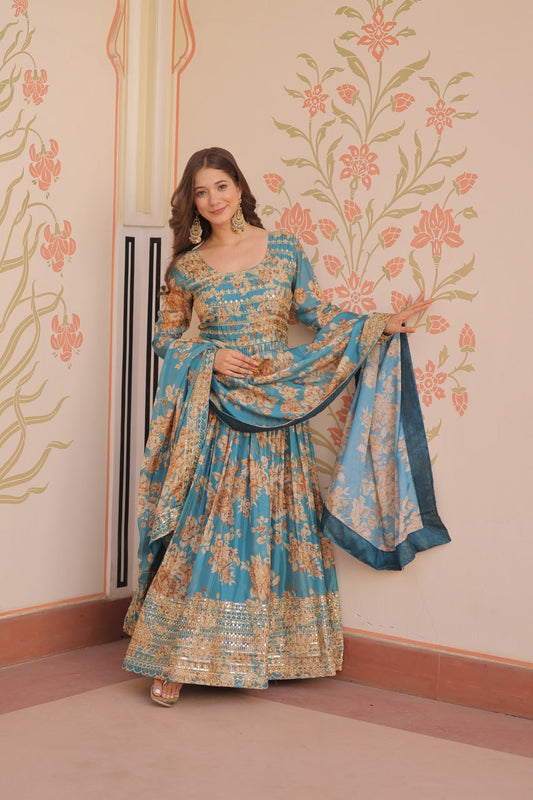 Gorgeous Flower Print Sky Blue Color Long Gown