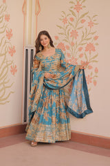 Gorgeous Flower Print Sky Blue Color Long Gown Gorgeous Flower Print Sky Blue Color Long Gown
