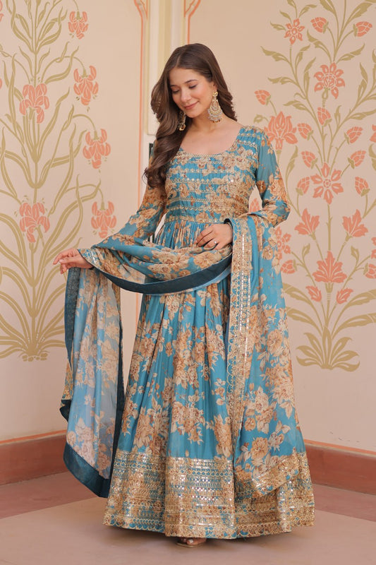 Gorgeous Flower Print Sky Blue Color Long Gown