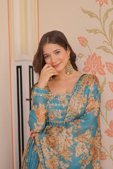 Gorgeous Flower Print Sky Blue Color Long Gown Gorgeous Flower Print Sky Blue Color Long Gown