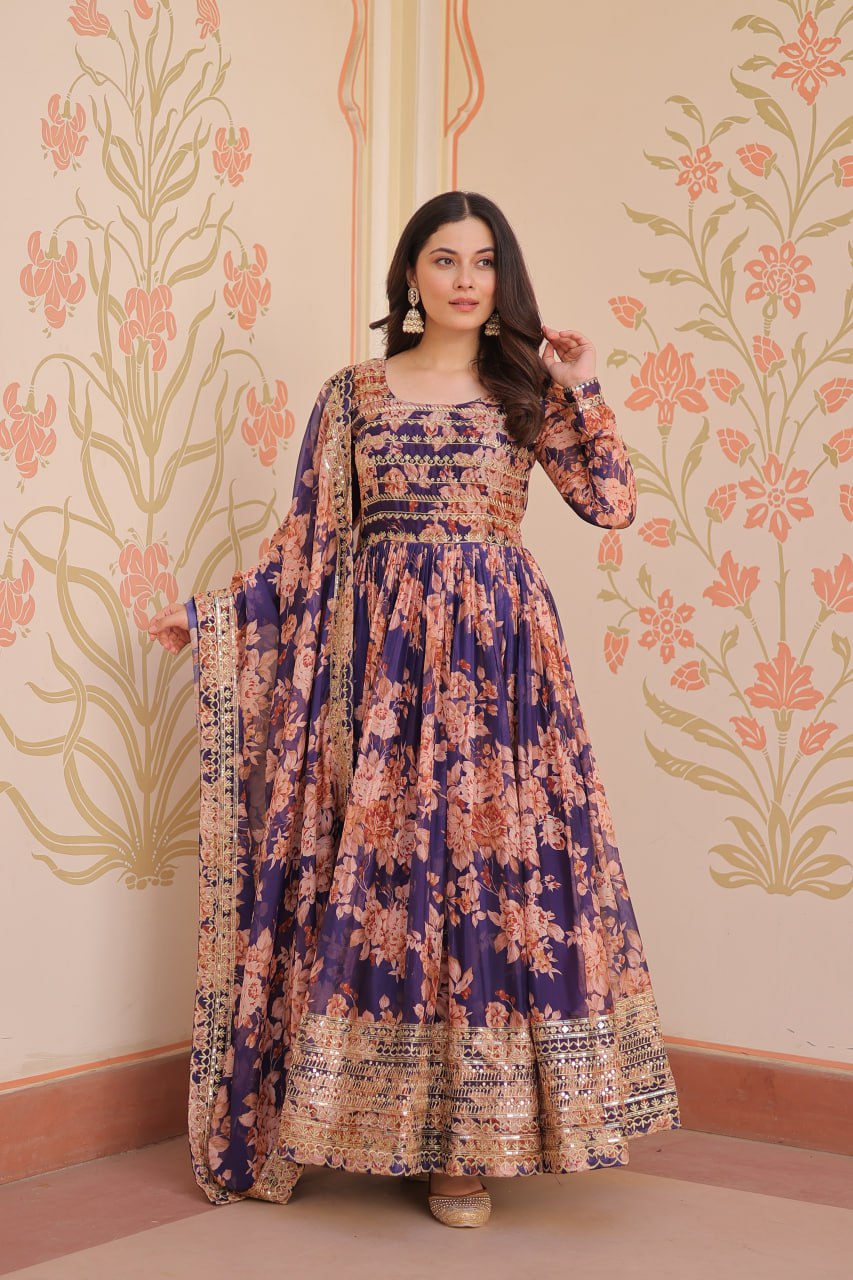 Gorgeous Flower Print Purple Color Long Gown
