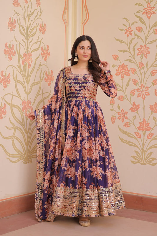 Gorgeous Flower Print Purple Color Long Gown