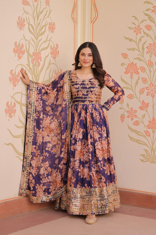 Gorgeous Flower Print Purple Color Long Gown