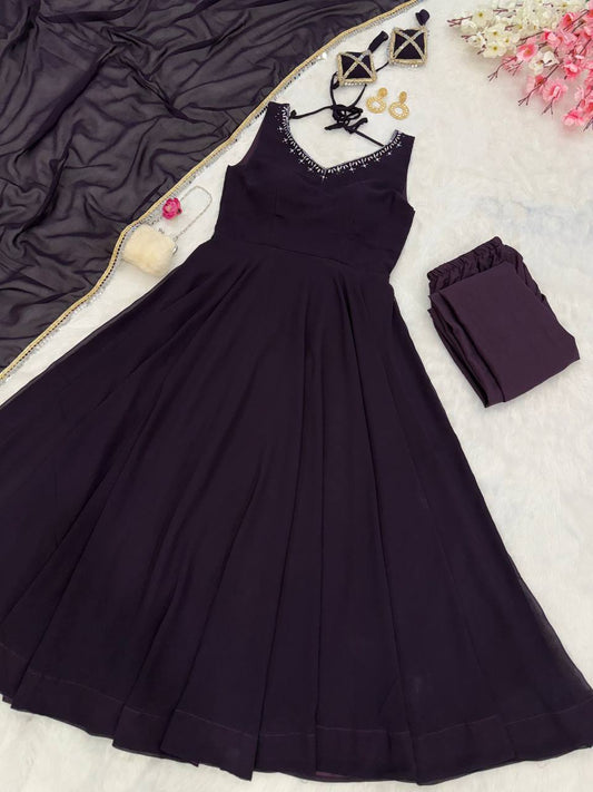 Trendy Georgette Hotfix Work Wine Color Anarkali Gown