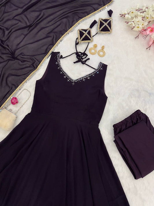 Trendy Georgette Hotfix Work Wine Color Anarkali Gown