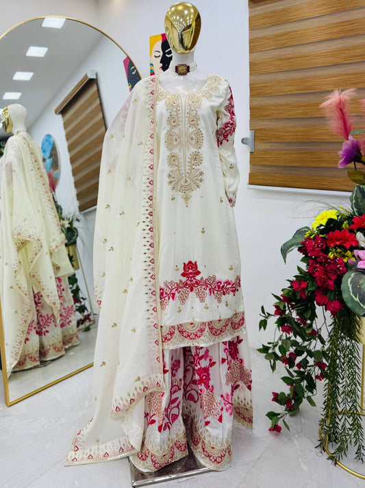 Traditional Wear Heavy Work White Color Sharara Suit