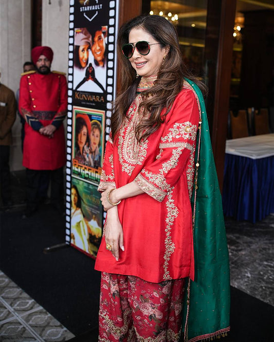 Glorious Embroidery Work Red Color Patiala Suit