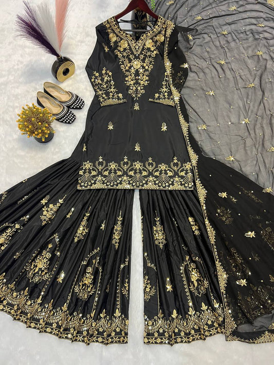 Glimmering Heavy Work Black Color Sharara Suit